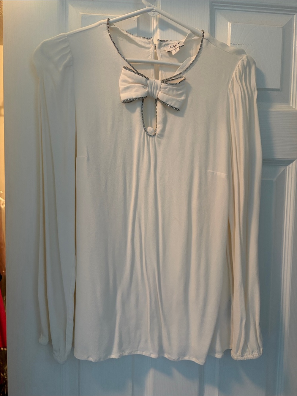 J. Crew Cream Long-Sleeve Bow-Front Blouse with Trim